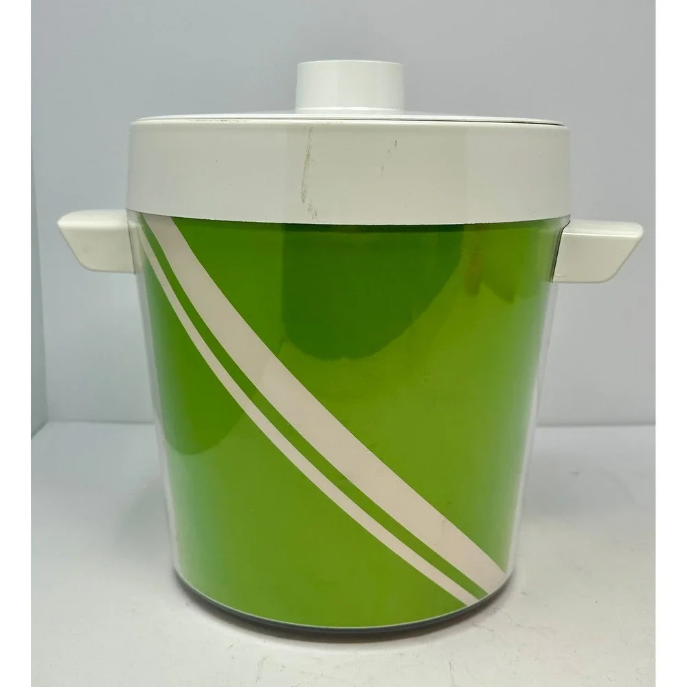Vintage Lime Green Plastic Insulated Ice Bucket with Lid and Racing Stripe Retro